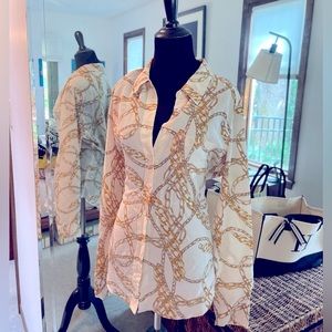 Equipment Femme Gold Chain Print Signature 100 % Silk Blouse.